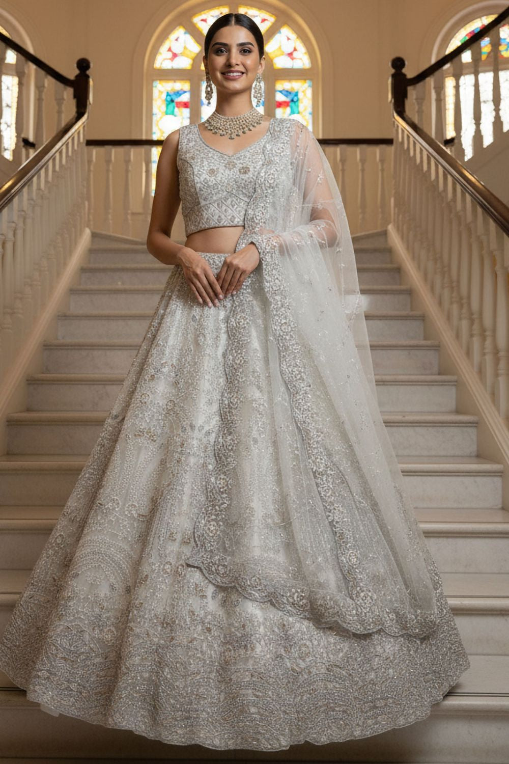 White Net Lehenga Choli - SFANJ3220