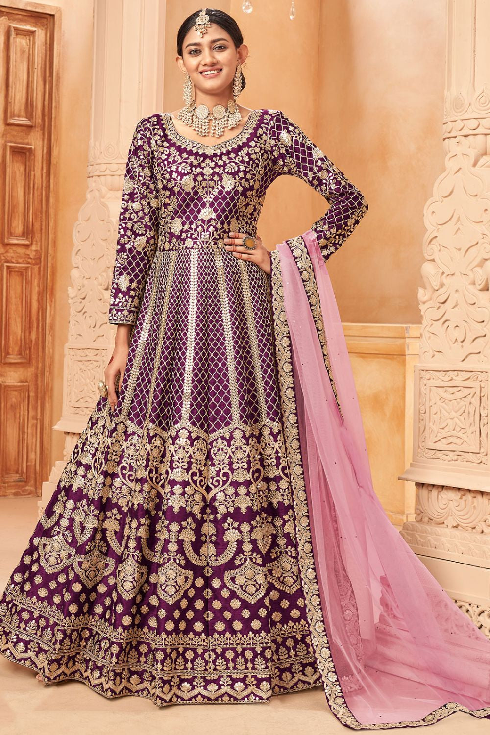 Magenta Wedding Silk Designer Anarkali Suit Gown SFDFS23402