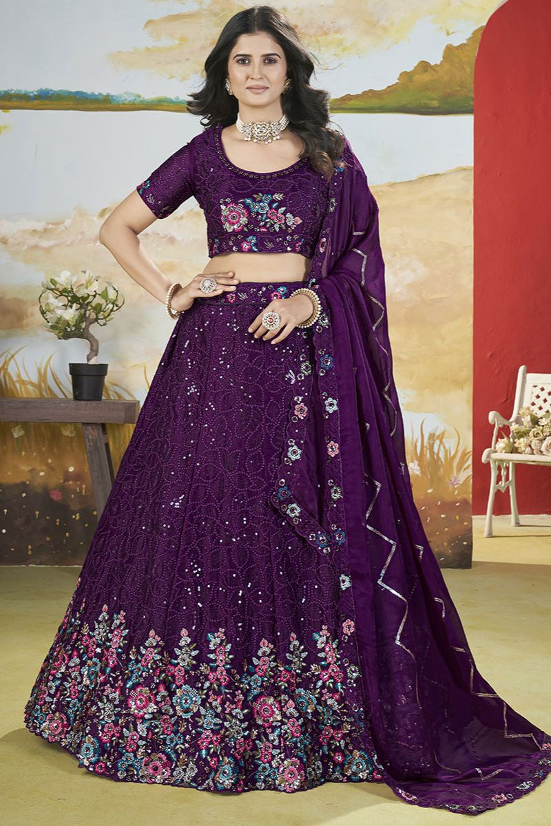 Burgundy Chinnon Wedding Party Lehenga In Flower Pattern SFANJ2945