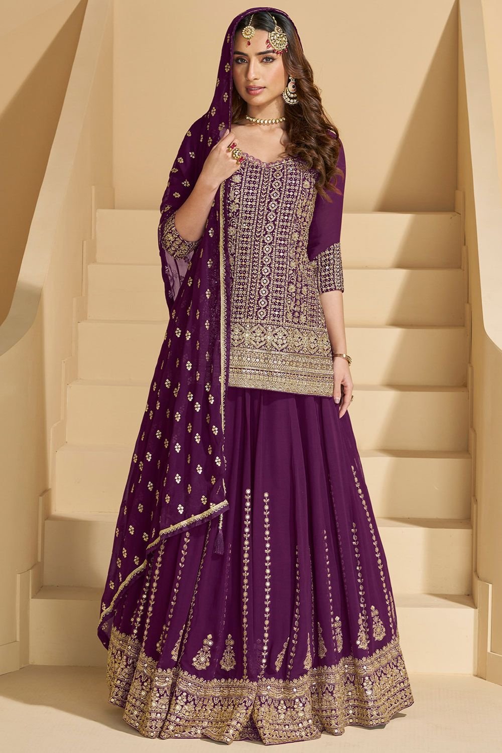 Magenta Georgette Sangeet Wedding Palazzo Suit SFEDC18001R