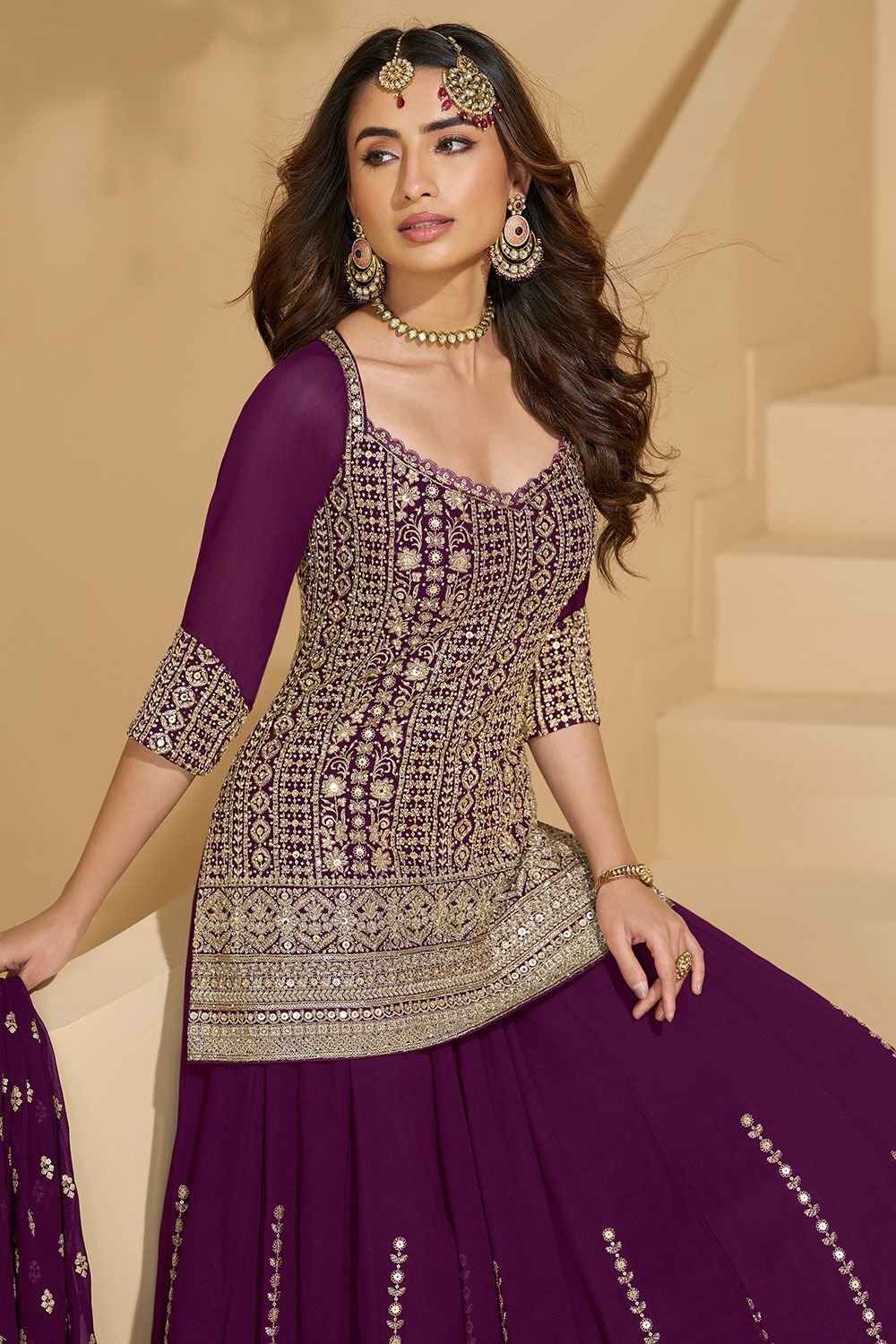 Magenta Georgette Sangeet Wedding Palazzo Suit SFEDC18001R