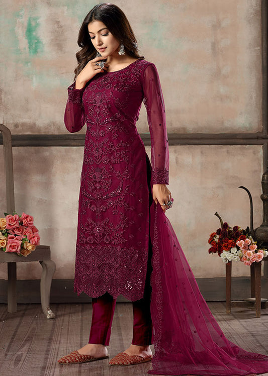 Plus Size Wine Salwar Suit In Net SFDFS13305