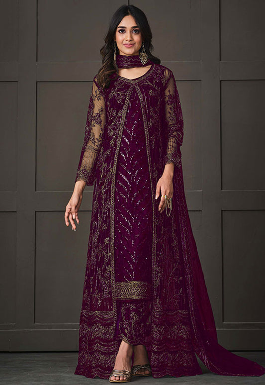 Plus Size Wine Salwar Suit In Net SFEDC6702