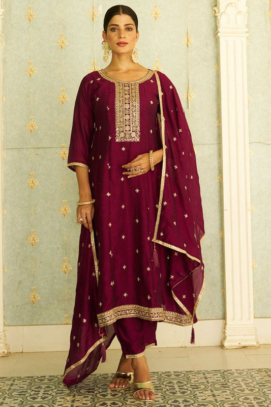 Burgundy Mesmerizing Art Silk Salwar Kameez SFROY543102R