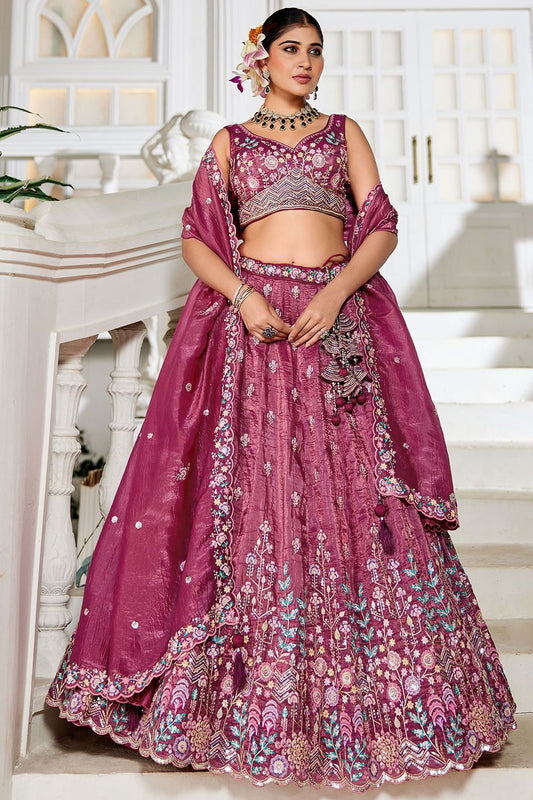 Maroon Tissue Wedding Party Lehenga Choli SFFK28902