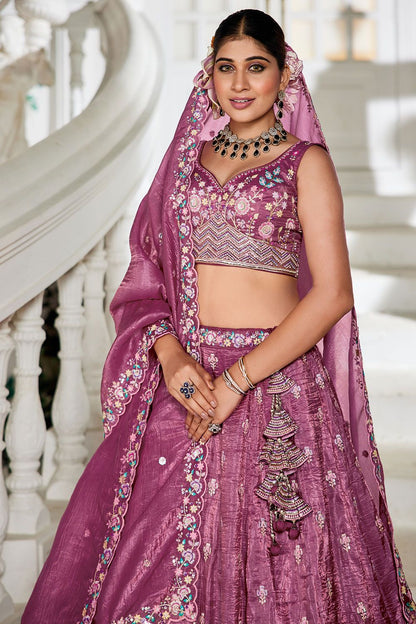 Maroon Tissue Wedding Party Lehenga Choli SFFK28902