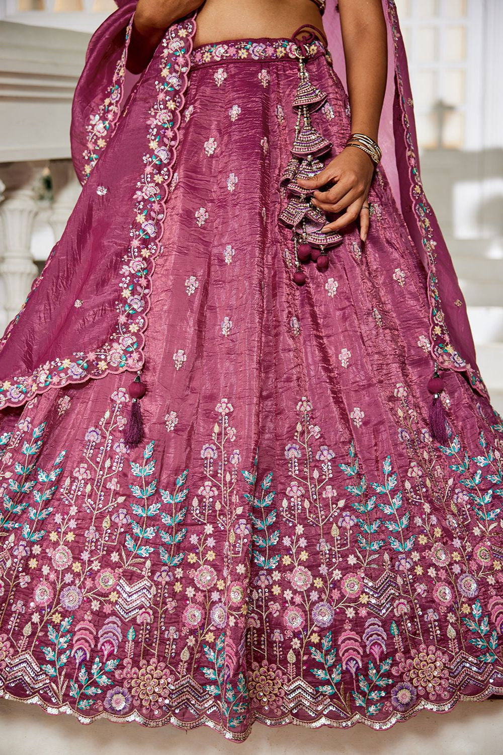 Maroon Tissue Wedding Party Lehenga Choli SFFK28902