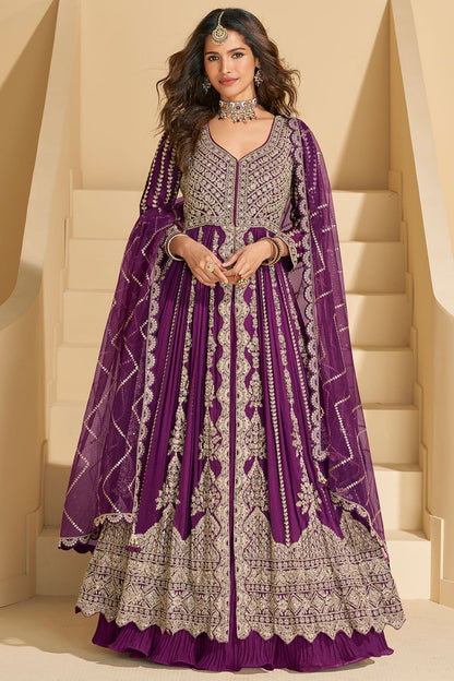 Purple Silk Wedding Anarkali Suit Salwar Kameez SFSMT51101R