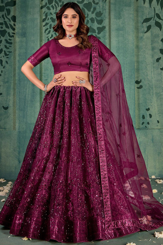 Burgundy Wedding Party Sangeet Net Lehenga Set  SFYS143204