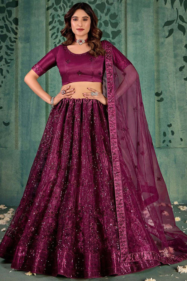 Burgundy Wedding Party Sangeet Net Lehenga Set  SFYS143204