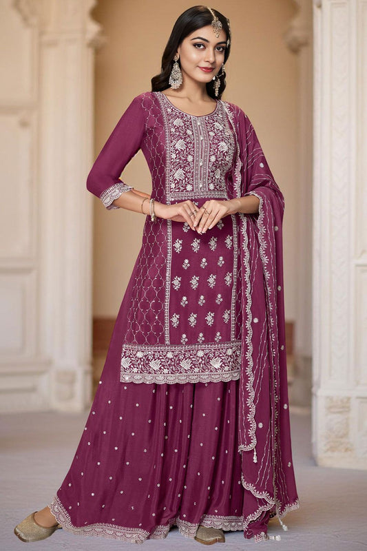 Burgundy Chinnon Sangeet Ceremonial Palazzo Suit  SFANB72204R