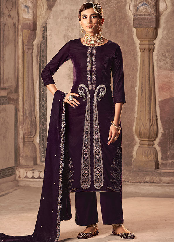 Purple Plus Size Velvet Salwar Kameez With Zari Work  SFSTL29602