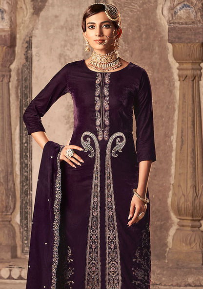 Purple Plus Size Velvet Salwar Kameez With Zari Work  SFSTL29602
