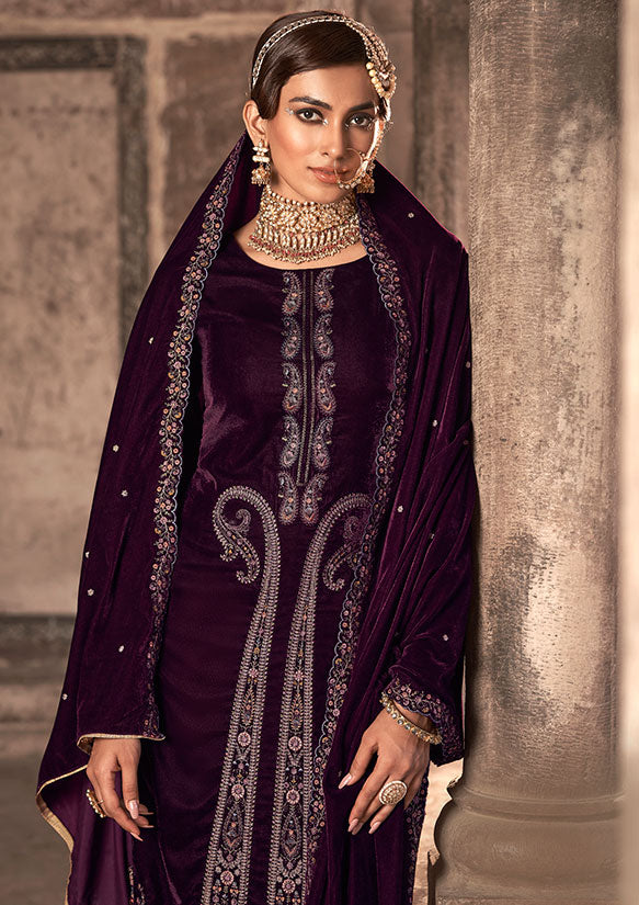 Purple Plus Size Velvet Salwar Kameez With Zari Work  SFSTL29602