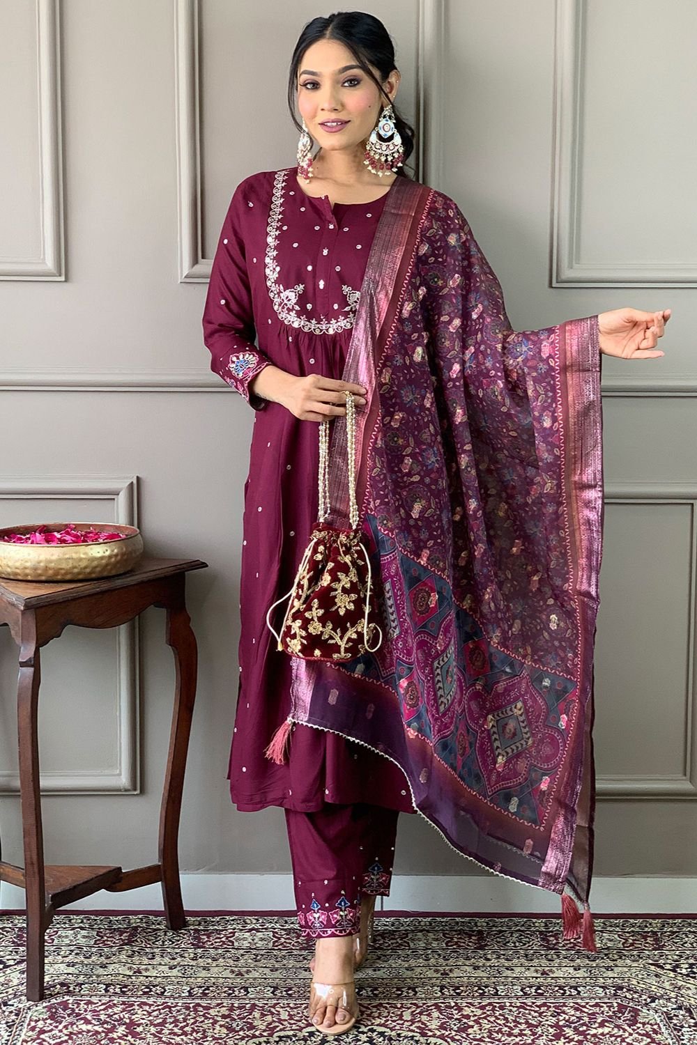 Maroon Pink Chanderi Readymade Salwar Kameez SFLLT39520R
