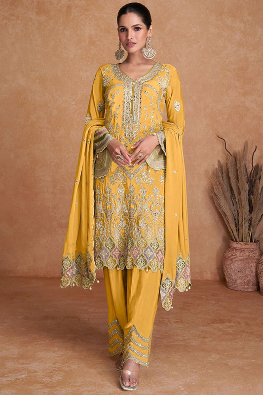 Yellow  Magnetic Wedding Salwar Kameez In Chinnon  SFYS130704R