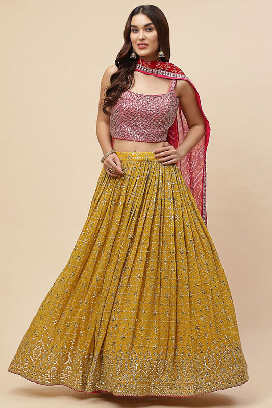 Yellow Sangeet Georgette Lehenga Choli With Floral Dupatta SFZC4702