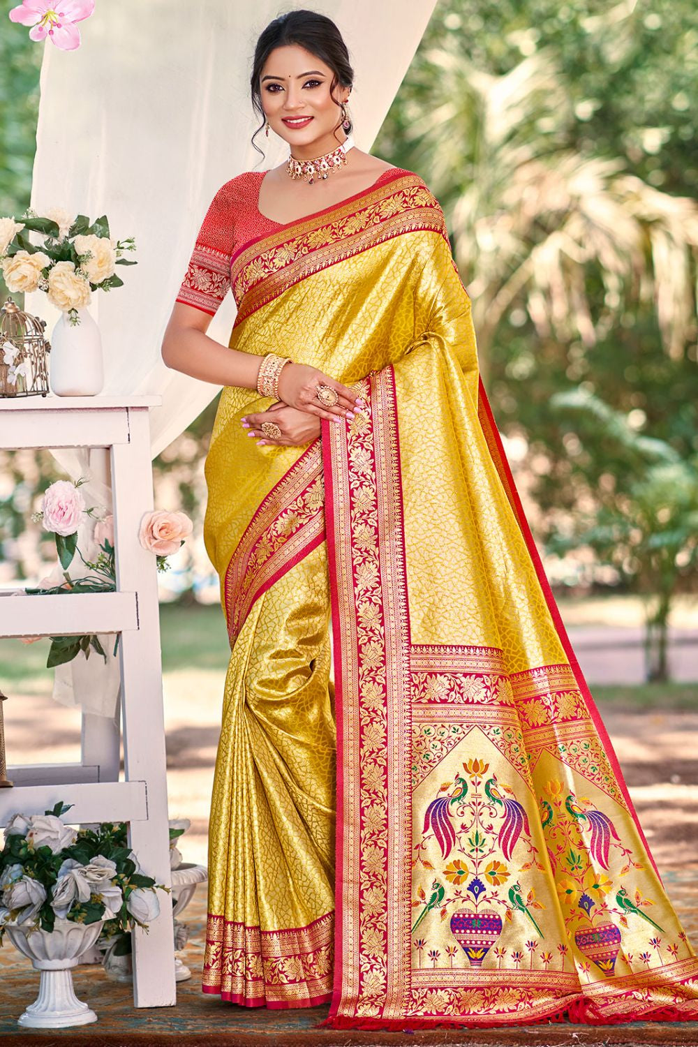Yellow Haldi Kanjivaram Silk Zari Woven Saree With Blouse SFSGM119101