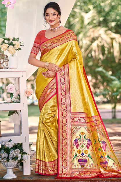 Yellow Haldi Kanjivaram Silk Zari Woven Saree With Blouse SFSGM119101