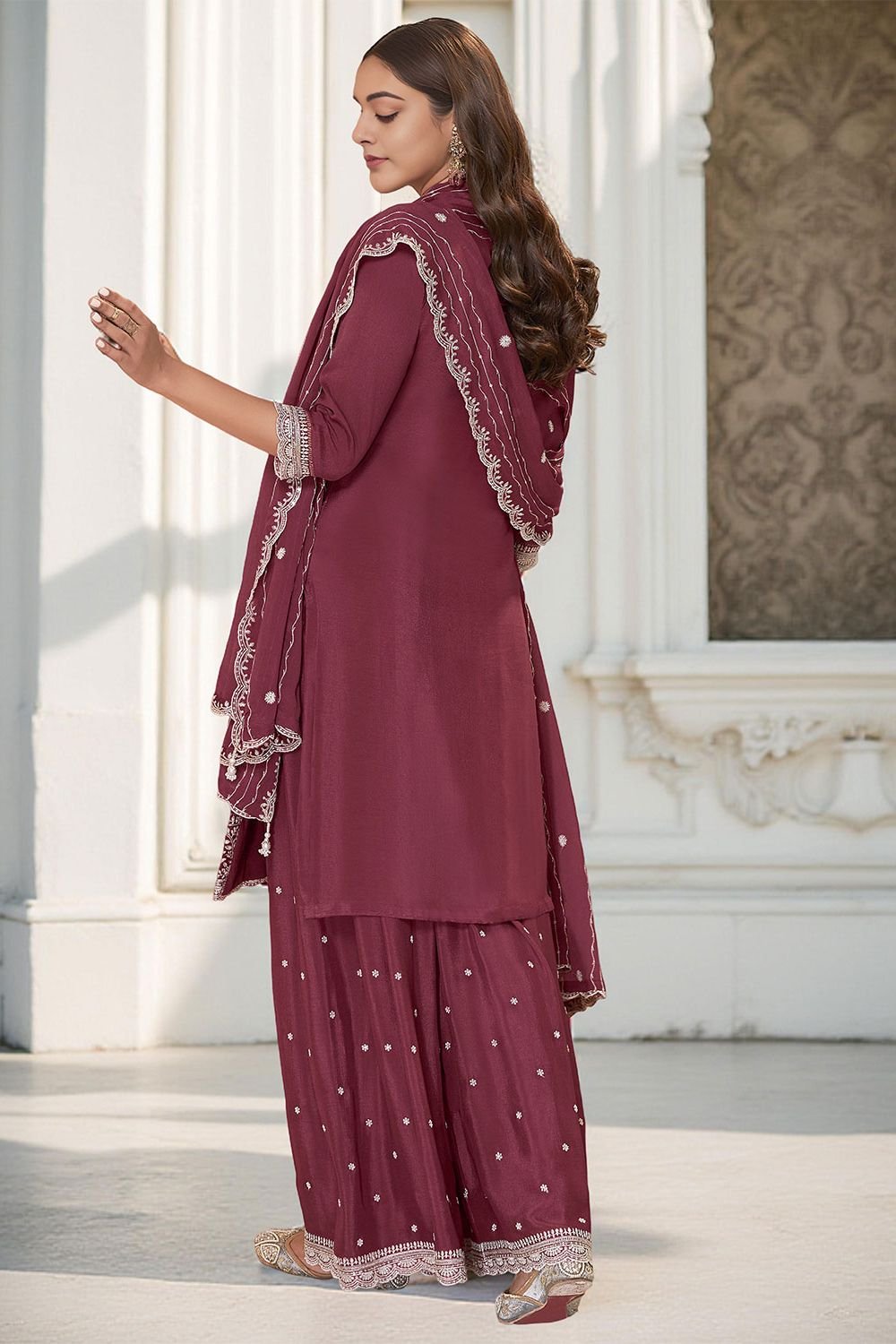 Maroon Chinnon Sangeet Ceremonial Palazzo Suit SFANB72201R