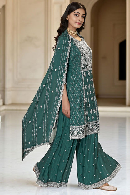 Green Chinnon Sangeet Ceremonial Palazzo Suit SFANB72202R