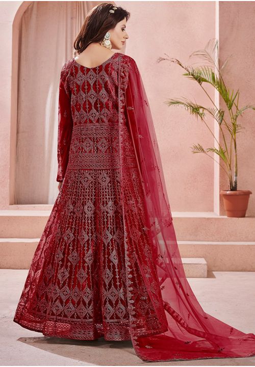Red Party Anarkali Gown In Net With Diamond Work SFYS77802 - Siya Fashions