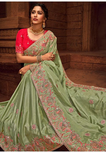 Green Imported Net Silk Wedding Reception Saree SFSA303506 - Siya Fashions