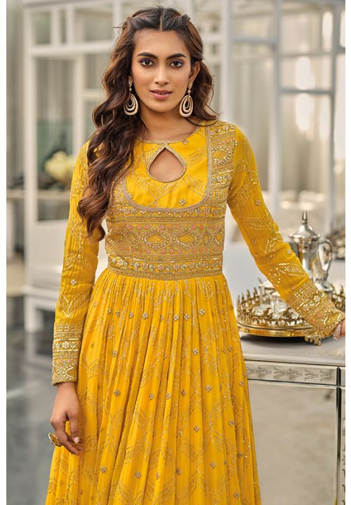 Buy Yellow Haldi Wedding Party Long Anarkali Suit Georgette SFFK7304R - Siya Fashions