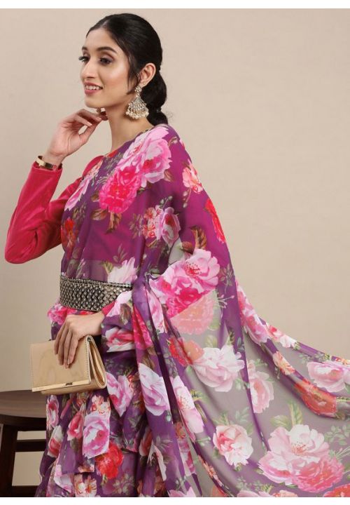 Purple Floral Partywear Designer Saree In Georgette SFROY360602 - Siya Fashions