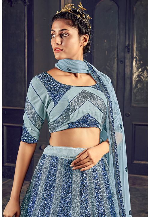 Aqua Blue Sequin Indian Bridal Lehenga In Net SRKHU903 - Siya Fashions