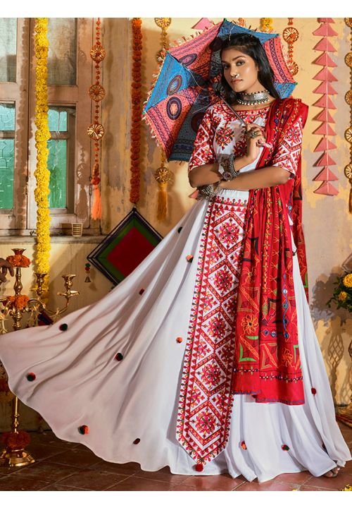 White Navaratri Chaniya Choli In Muslin Cotton SKKHU13406 - Siya Fashions