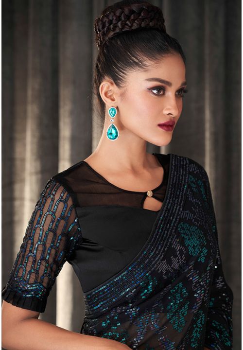 Designer Black Georgette Indian Wedding Reception Saree SFSA318507 - Siya Fashions