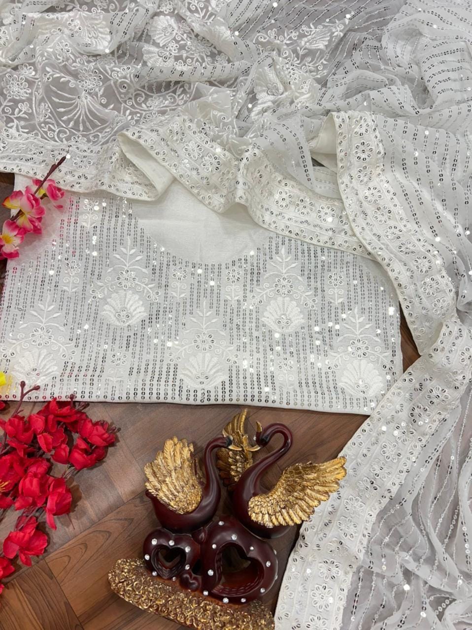Bollywood White Silver Ananya Pandey Sequin Party Saree SFBOLLY5241 - Siya Fashions