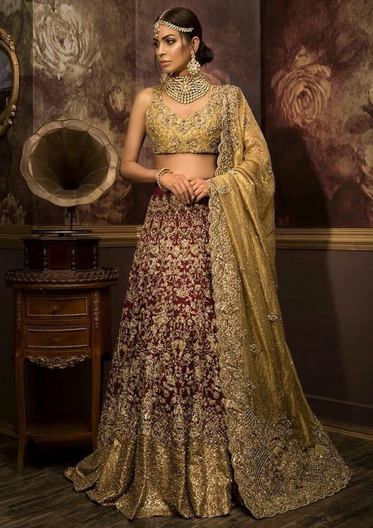 Bridal Lehenga Choli Set Gold And Maroon In Organza Silk INS90 - Siya Fashions