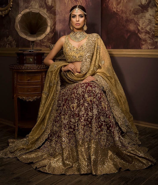 Bridal Lehenga Choli Set Gold And Maroon In Organza Silk INS90 - Siya Fashions