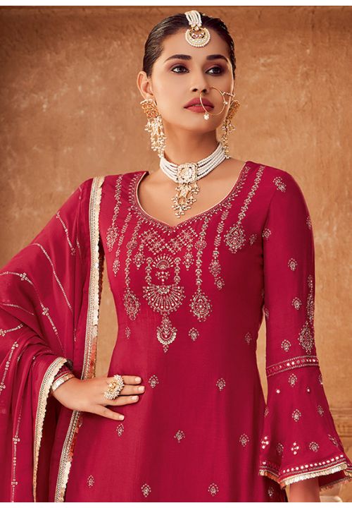 Red Indian Pakistani Palazzo Suit In Chinon Chiffon SFSTL17802 - Siya Fashions