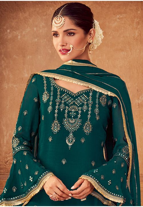 Green Indian Pakistani Palazzo Suit In Chinon Chiffon SFSTL17803 - Siya Fashions