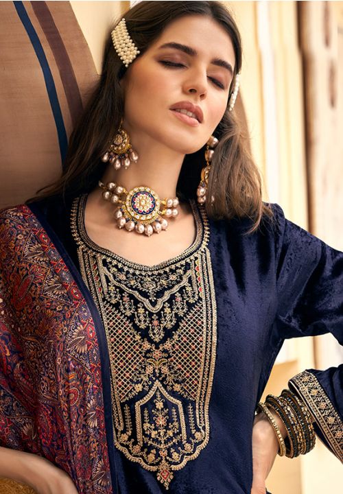 Blue Velvet Indian Sangeet Plus Size Palazzo Suit SFSTL22106 - Siya Fashions