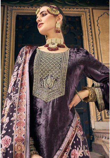Purple Velvet Indian Sangeet Plus Size Palazzo Suit SFSTL22902
