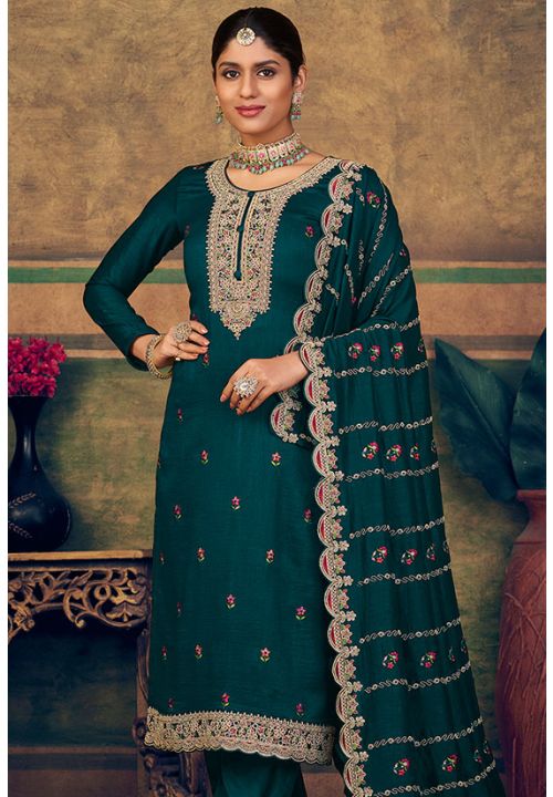 Teal Pure Silk Indian Pakistani Palazzo Suit In Silk SFSTL26004