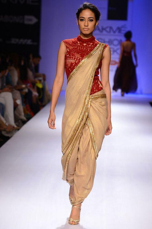 Siya Fashions Ready Made Saree In Gold And Red SFSE210 - Siya Fashions