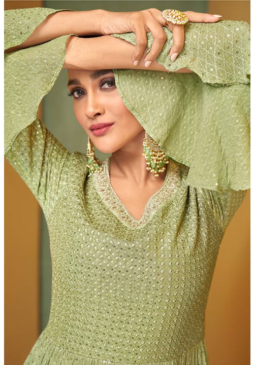Green Reception Anarkali Wedding Gown In Georgette SYYS88102 - Siya Fashions