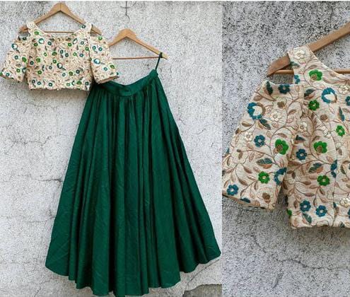 Raw Silk Green Lehenga Crop Top Blouse SF422 - Siya Fashions