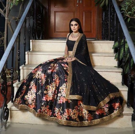 Bridesmaid Indian Designer Black Floral Lehenga Set Organza SFINS0098SD - Siya Fashions