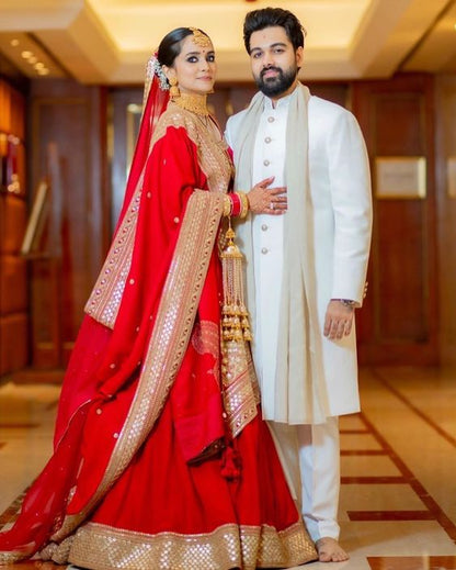 Red Bridal Lehenga Set In Silk With Double Border Goldwork SIN438SD - Siya Fashions