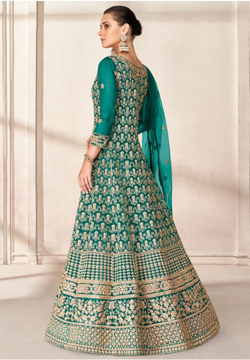 Green Bridesmaid Embroidery Net  Long Anarkali Gown SRYS82302 - Siya Fashions