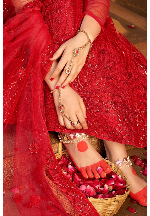 Bridal Red Wedding Lehenga Set In Net With Stones EXDSIF4001 - Siya Fashions