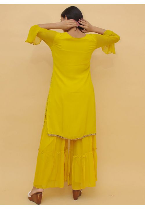 Yellow Haldi Ceremony  Chinnon Palazzo Kameez Suit SRARY12617R - Siya Fashions