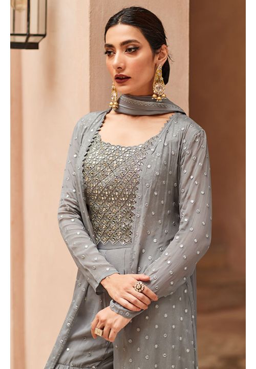 Grey Indian Pakistani Palazzo Salwar Kammez Suit SFYS90303 - Siya Fashions