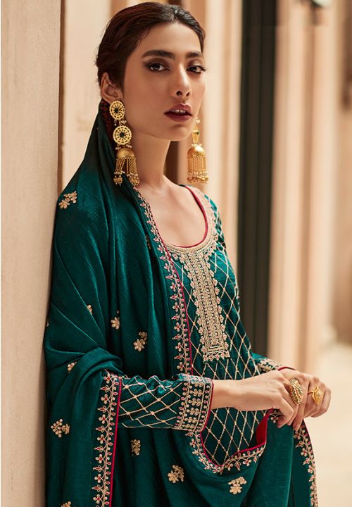 Green Indian Pakistani Silk Long Palazzo Suit SFYS88903 - Siya Fashions